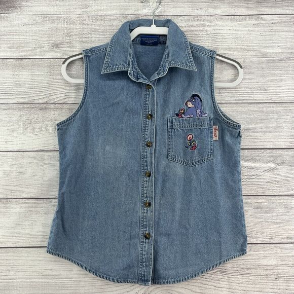 Disney Tops - Disney The Pooh Y2K Denim Vest Shirt Eeyore Embroidered Size M